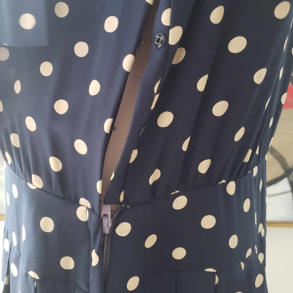 Albert Nipon | Silk Polka Dot Dress with Tie and Pleated Detail - Picture 11 of 16
